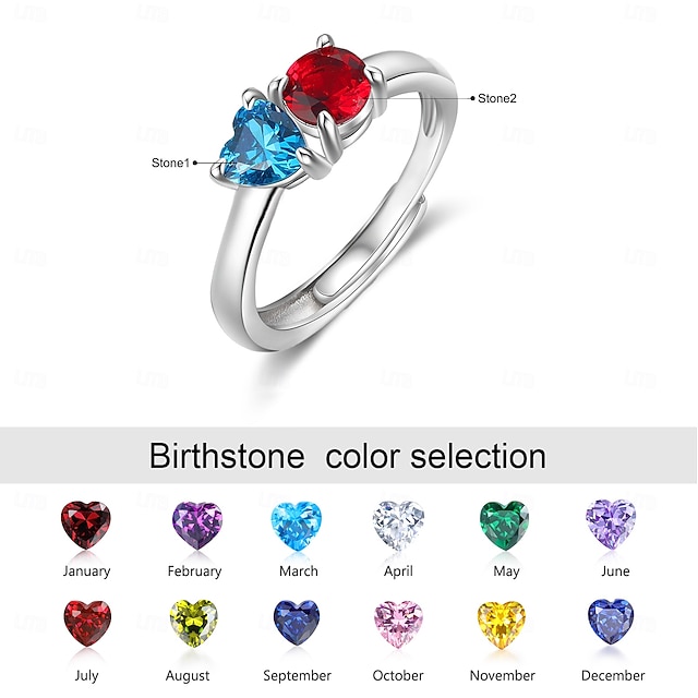  personalisierter Geburtssteinring für sie, offenes Ringdesign mit zwei Steinen, Symbol ewiger Liebe, Geschenk für Mutter, Ehefrau, Freundin, Muttertag, Valentinstag, Geburtstag, Weihnachtsgeschenk