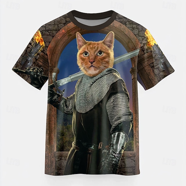  Cat Knight Vincent Hie herr-t-shirt med kattmotiv, kortärmad, 3D-tryck, rund hals, överdriven, designer, fest, gata, avslappnad, brun, sommar, vår, alla årstider, kläder, s m l xl xxl xxxl 4xl