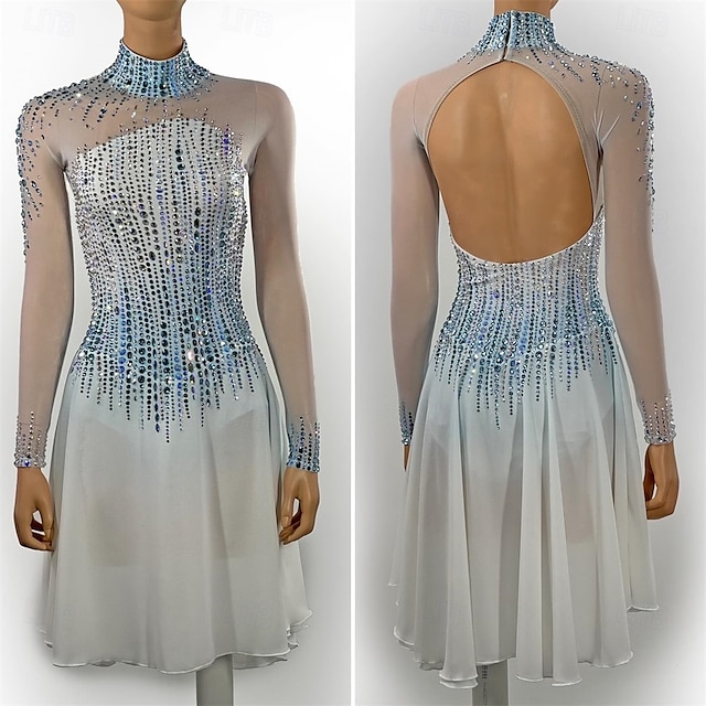  Eiskunstlaufkleid Damen Mädchen Eislaufen Kleid Himmelblau Weiß Patchwork Offener Rücken Netzstoff Spandex Hohe Elastizität Training Wettbewerb Eiskunstlaufkleidung Klassisch Kristall / Strass Langarm