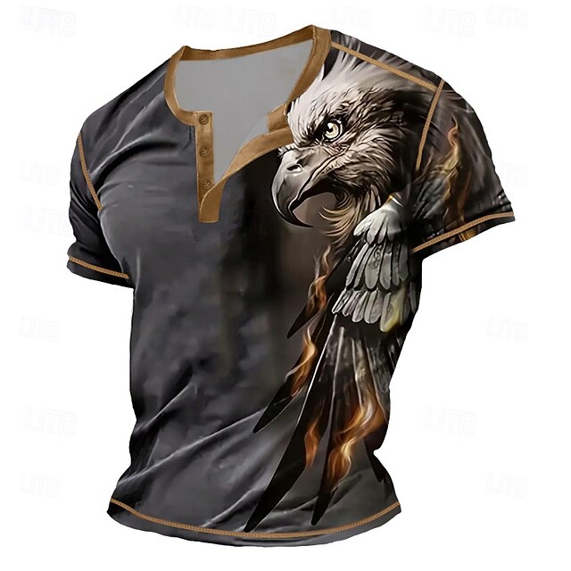 Men's Eagle Cool Henley Shirt Tee Short Sleeve Vintage Fashion Designer Outdoor Casual Daily Spring &  Fall Gray Henley Henley T-Shirt4