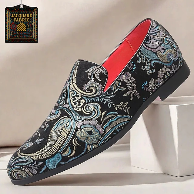 Men's Jacquard fabric Slip-On Loafers - Vintage Style with Floral Pattern, Comfortable Soft Sole, Ideal for Formal Events 28