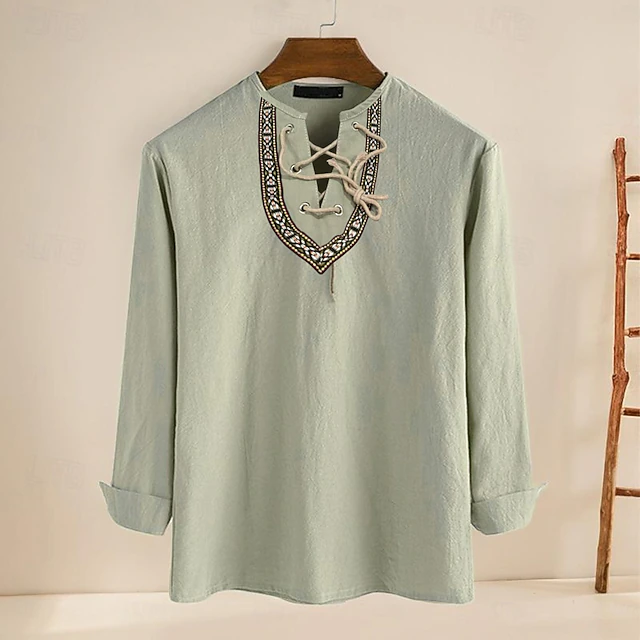 Men's Shirt Cotton Linen Shirt Casual Shirt Plain Casual Daily Black Camel Long Sleeve V Neck Summer Clothing Apparel Lace up 11