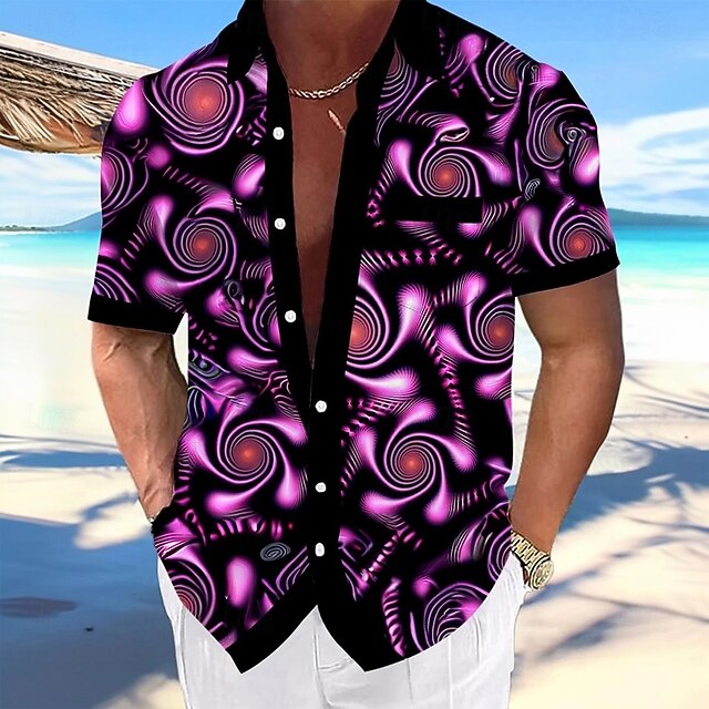 Men's Geometric 3D Swirl Shirt Casual Shirt Button Up Shirt Short Sleeve Fashion Casual Vacation Holiday Streetwear Summer Spring Turndown 3D Print Collared Shirts Front One Pocket Purple4