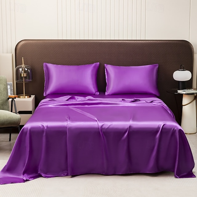  Conjunto de cama de seda sintética de cor sólida composto de três peças lençol e conjunto de quatro peças combinação de funda de travesseiro