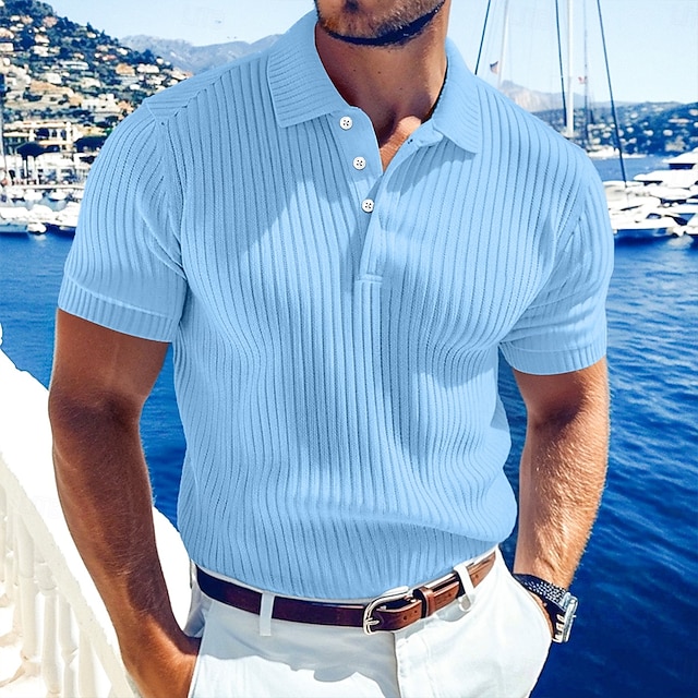  Men's Rib Knit Top Golf Polos Shirts Work Casual Lapel Ribbed Polo Collar Short Sleeve Basic Modern Color Block Buttons Knitted Summer Spring & Summer Regular Fit White Yellow Burgundy Navy Blue