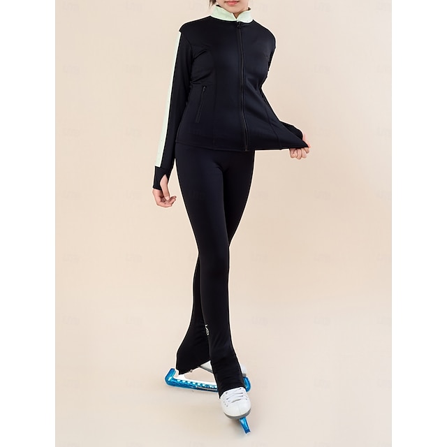  Collants de patinage artistique sur les bottes Veste polaire de patinage artistique Pantalon de patinage artistique Femmes Fille Patinage Veste Collants Top Noir Patchwork Trou de pouce Spandex