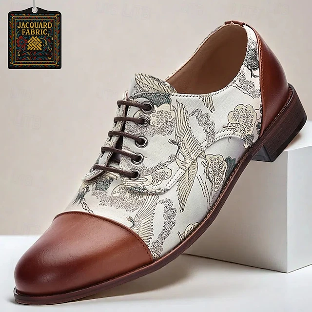 Men's Faux Leather and Jacquard Oxford Shoes - Vintage Lace-Up Dress Shoes with Crane Print for Formal and Casual Wear 9