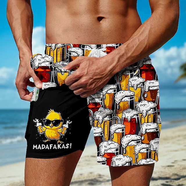  Men's Funny Oktoberfest Beer Duck Lined Shorts 2 in 1 Board Shorts Swim Shorts Mid Waist Hawaiian Holiday Beach Wear Side Pockets With Compression Liner Elastic Drawstring Waist Designer Clothing