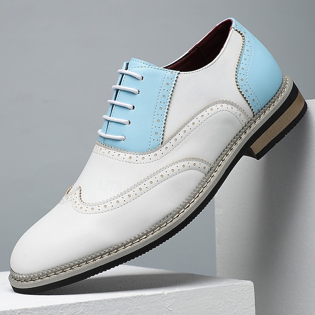  Chaussures richelieu pour homme en similicuir blanc et beige avec des touches de bleu – Chaussures de bal tendance pour hommes élégants