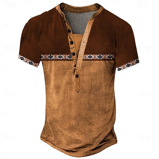  Bărbați Tribal Tricou Cămașă Henley Tricouri Manșon scurt Epocă Designer De Bază În aer liber Casual Zilnic Vară Maro Închis Negru Verde Albastru piscină Gri Deschis Henley Tricou Henley