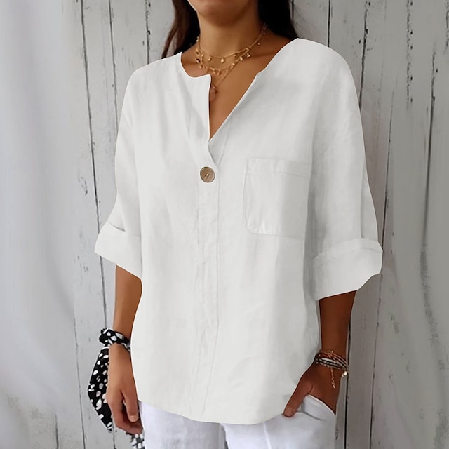  Women's Cotton Linen Blouse Solid Color Elegant Stylish Casual 3/4 Length Sleeve V Neck Regular Tops Daily Holiday Buttons Black White Pink Blue Beige Summer Spring