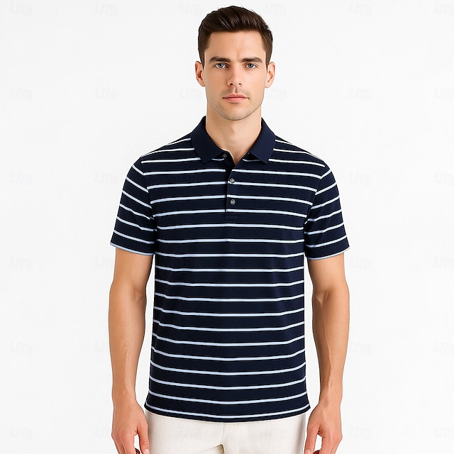  heren zijden mix zakelijk casual revers korte mouw kantoor oud geld stijl horizontale strepen knopen zomer geel roze blauw