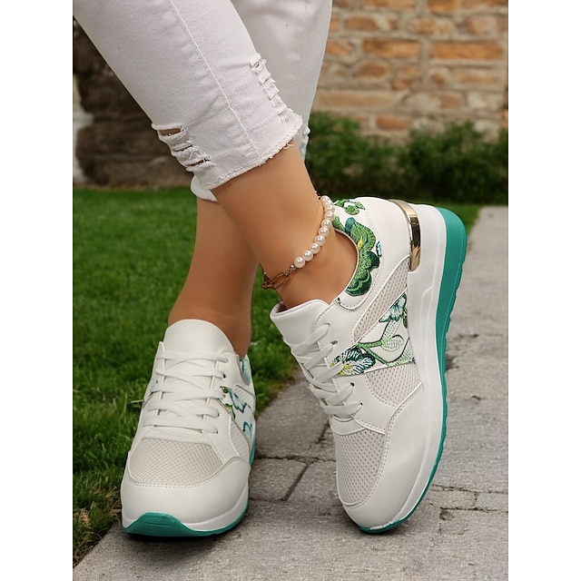  Baskets brodées de fleurs pour femmes – Chaussures de marche à lacets respirantes et à plateforme pour tenues d'été décontractées