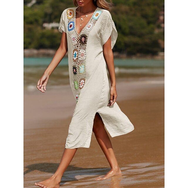 Couverture De Plage Blanche Femme Patchs Colorés – Taille Petite, Style Bohème
