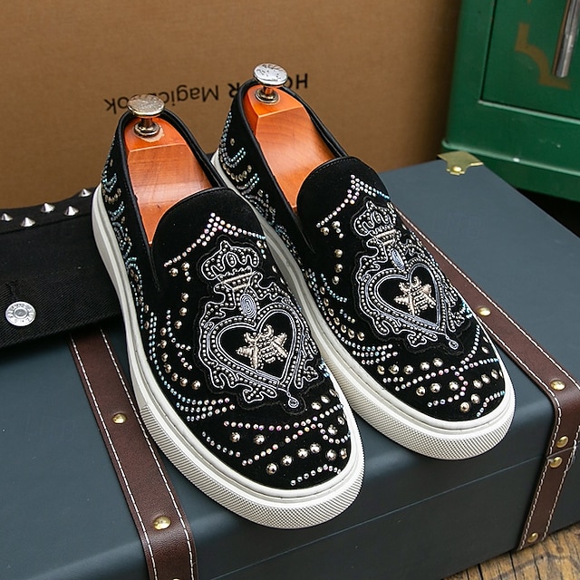  pánské černé slip-on tenisky s cvočky a kamínkovými detaily - módní společenské boty pro taneční akce a speciální příležitosti