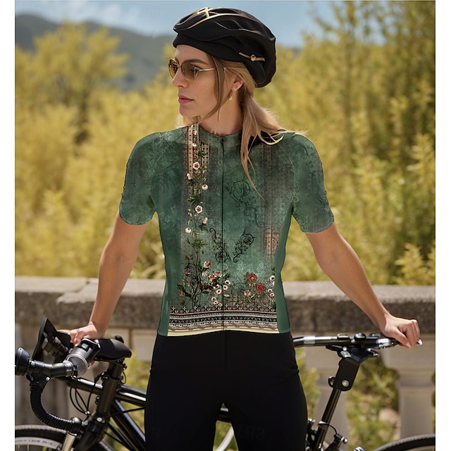 Femmes Maillot de cyclisme Manche Courte Cyclisme Maillot Top avec 3 poches arrière Respirant Séchage Rapide Évacuation de l'Humidité Bandes réfléchissantes Vert forêt Des sports Vêtement Tenue