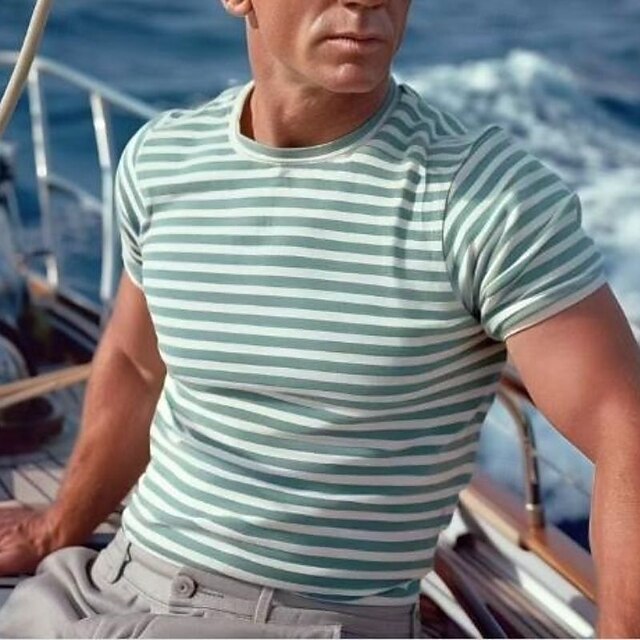 Men's T Shirt Short Sleeve Crew Neck Summer Striped Fashion Designer Basic Classic Vacation Street Going out Green Top Tee for Men3