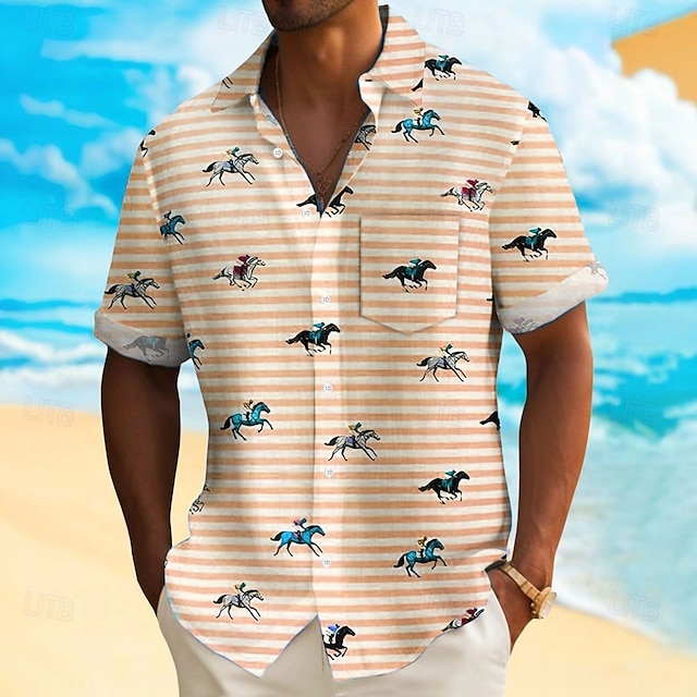  Derby de Kentucky Hombre A Rayas Las carreras de caballos Camisa Camisa casual Abotonar la camisa Manga Corta Moda informal Vacaciones Festivos Ropa de calle Verano Primavera Cuello Vuelto Impresión