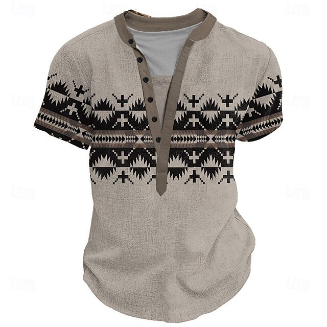  Pánské Etno Tričko Henley Krátký rukáv 3D tisk Módní Denní Designové ulice Ležérní Denní Léto Jaro Světle modrá Bílá Světle zelená Khaki Henley Collar Tričko Henley