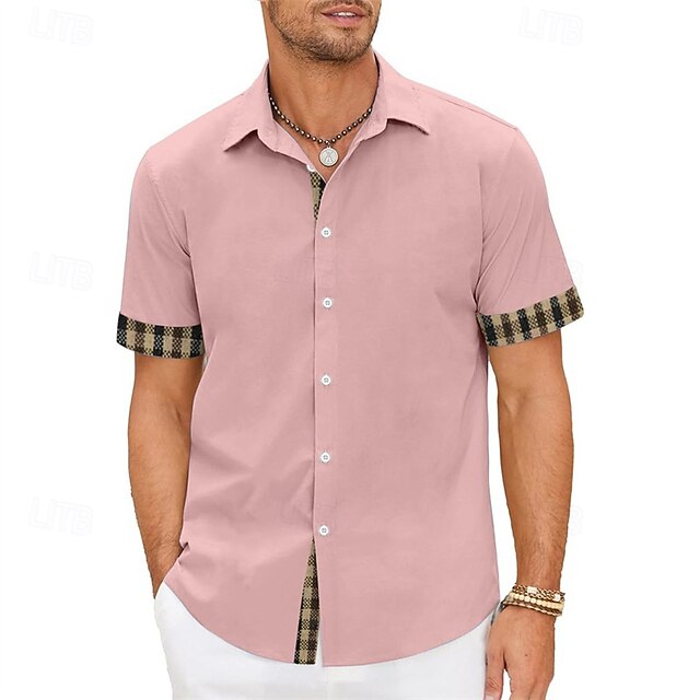 Men's Shirt Summer Shirt Casual Shirt Beach Shirt Button Up Shirt Light Pink Short Sleeve Plain Lapel Vacation Hawaiian Clothing Apparel Polyester Fashion Casual Comfortable2