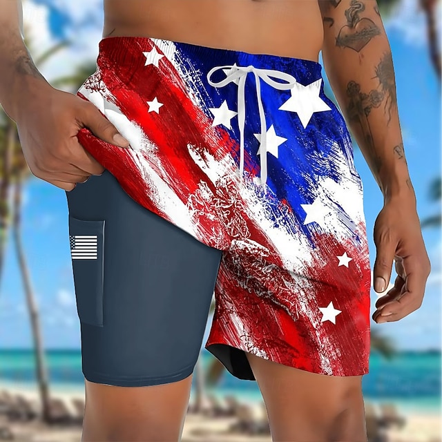  Herr Amerikanska amerikanska flaggan Patriotisk Fodrade shorts 2 i 1 simshorts Badshorts Medium Midja Hawaiisk Semester Helgdag Standkläder Sidfickor Med kompressionsfoder Elastisk dragsko i midjan