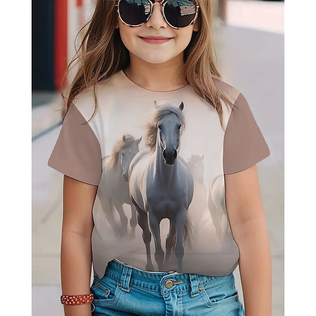  Mädchen 3D Pferd T-Shirt Kurzarm Sommer Frühling Mode Basic Kinder 4-12 Jahre Rundhalsausschnitt Outdoor Lässig Täglich Normale Passform