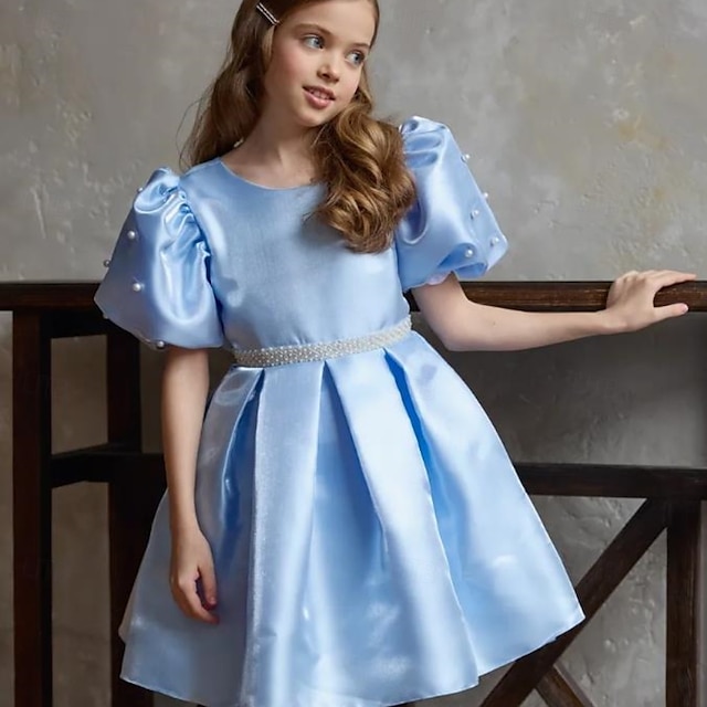  Infantil Para Meninas Vestido Vestido de festa Côr Sólida Manga Curta Espetáculo Manga Princesa Princesa Doce Cetim Altura dos Joelhos Vestido da bainha Verão Primavera Outono Crianças Azul Céu