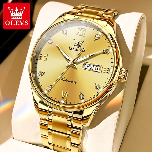  OLEVS Men's Mechanical Watch, Minimalist Fashion, Automatic Self-Winding, Luminous Date Week, Waterproof Steel Watch