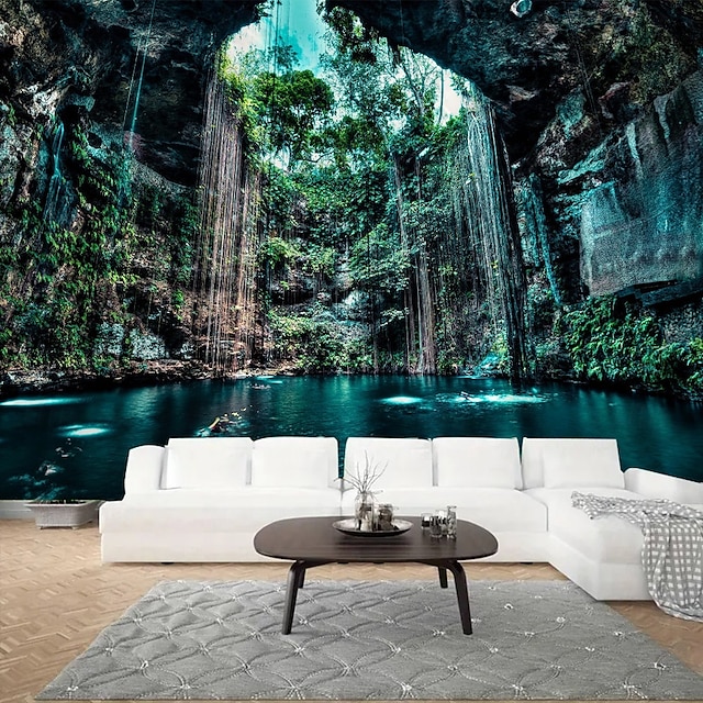  låg dal grotta vattenfall landskap hängande gobeläng väggkonst stor gobeläng väggmålning dekor fotografi bakgrund filt gardin hem sovrum vardagsrum dekoration