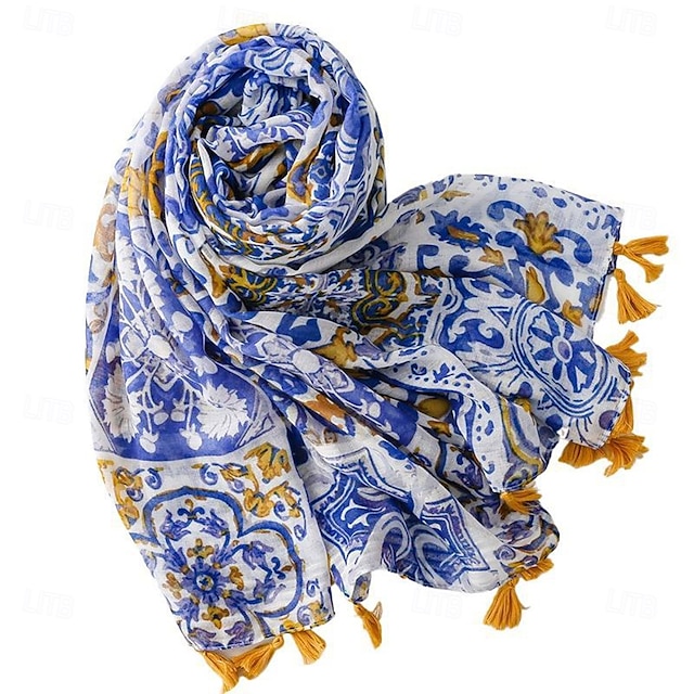  Bufanda con estampado bohemio azul, 100 % poliéster, transpirable. &Chal de playa decorativo, resistente al sol, con flecos, estilo bohemio inelástico, lavable a mano - sin plumas