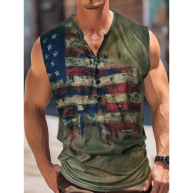  Pánské Americká vlajka Bez rukávů Tričko Henley Bez rukávů Vinobraní Módní Designové Venkovní Ležérní Denní Léto Jaro & podzim Zelená Hnědá Šedá Henley Tričko Henley