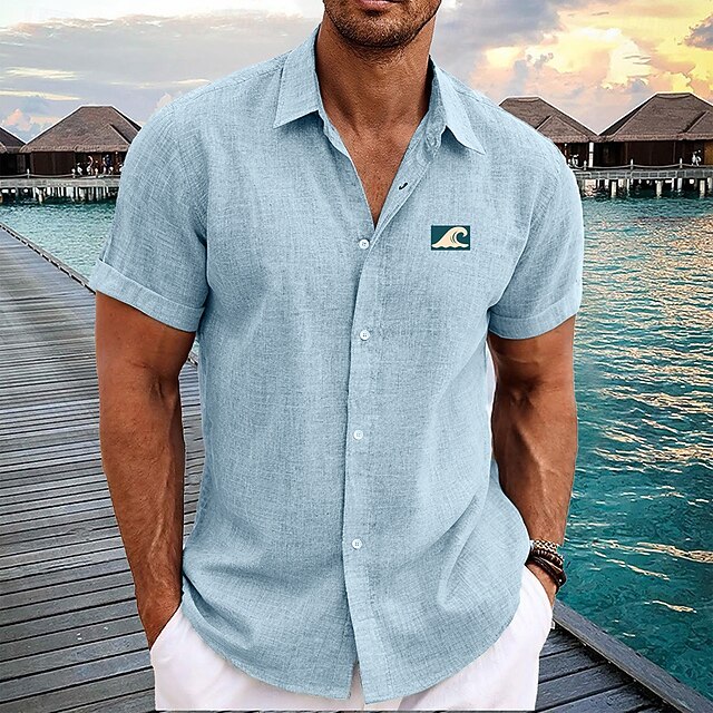 Men's Linen Shirt Beach Shirt Summer Hawaiian Shirt Waves Outdoor Vacation Blue Short Sleeve Stand Collar Summer Spring Clothing Apparel3