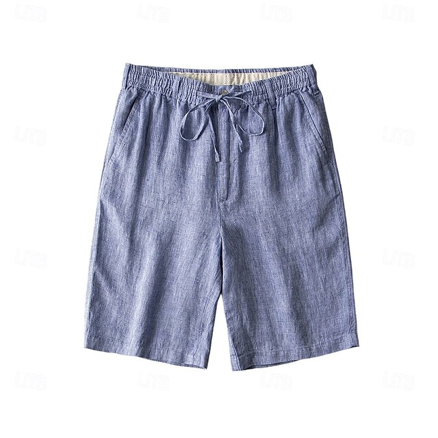  herrshorts i 100 % linne enfärgade ovanför knäna vardagssemester etnisk stil blå khaki