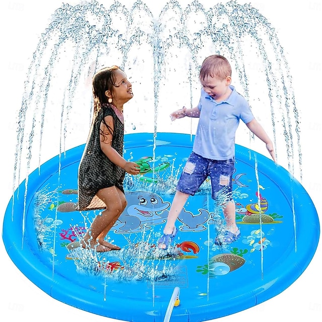  Tapis de jeu d'eau d'extérieur de 39 pouces, motif de vie marine multicolore, tapis anti-éclaboussures en PVC durable avec arroseur, antidérapant bleu &gonflable idéal pour les jouets aquatiques