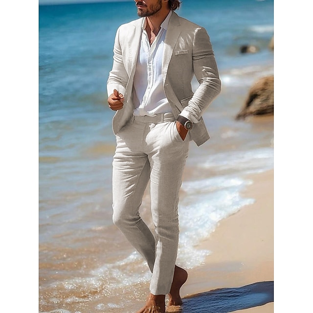  Men's Summer Wedding Linen Suits Beige Half Lined Lightweight Casual Solid Colored Standard Fit 2 Piece Single Breasted One-button