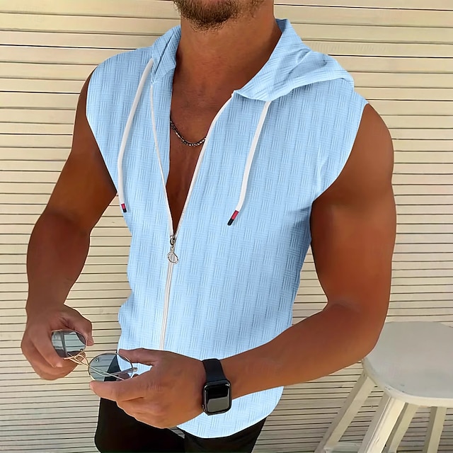  Homens Malha Íntima Moletom com zíper camisa sem manga Sem Manga Com Capuz Verão Listrado Pit Strip Moda Designer Esportivo Zip Completo Ao ar livre Casual Para Noite Rosa Claro Preto Branco Top Tee