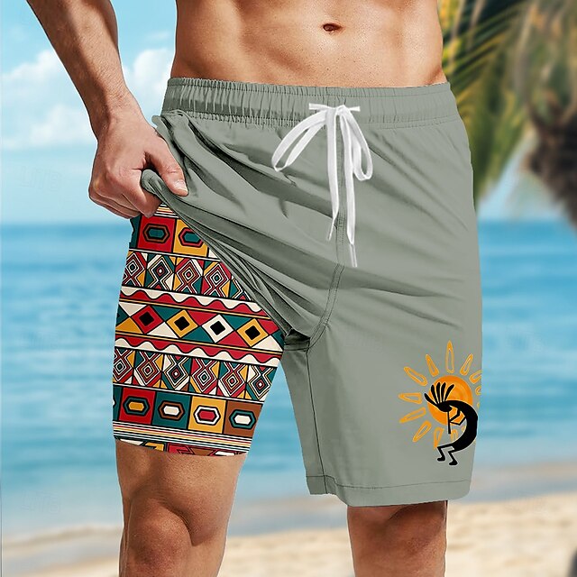  Hombre azteca Étnico Kokopelli Pantalones cortos forrados Bañador 2 en 1 Pantalones de Natación Media cintura retro de la vendimia Festivos Ropa de playa Bolsillos laterales con forro de compresión