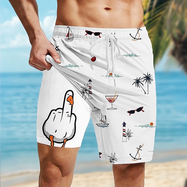  Men's Coconut Tree Funny Duck Lined Shorts 2 in 1 Board Shorts Swim Shorts Mid Waist Hawaiian Vacation Beach Wear Side Pockets With Compression Liner Elastic Drawstring Waist Designer Clothing Apparel