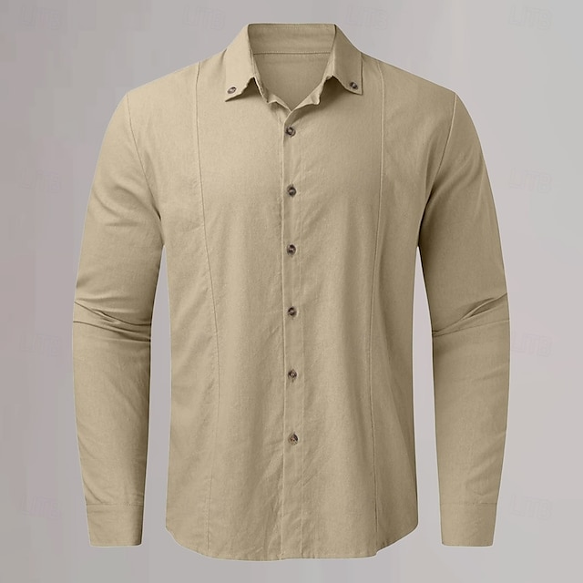  Per uomo Camicia in cotone e lino Semplice Vacanza Casual Quotidiano Nero Bianco Azzurro cielo Cachi Manica Lunga Bavero Abbigliamento Bottonato
