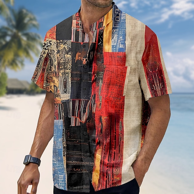  Per uomo Blocco di colori Patchwork Camicia Camicia con colletto alla coreana Manica Corta Casual Vacanza Abbigliamento Quotidiano Estate Primavera Collo alla coreana Colletto alla coreana Cardigan