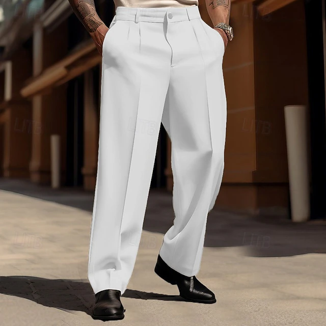 Men's Dress Pants Trousers Casual Pants Suit Pants Buttons Front Pocket Straight Leg Plain Comfort Business Daily Holiday Fashion Chic & Modern Black White 6