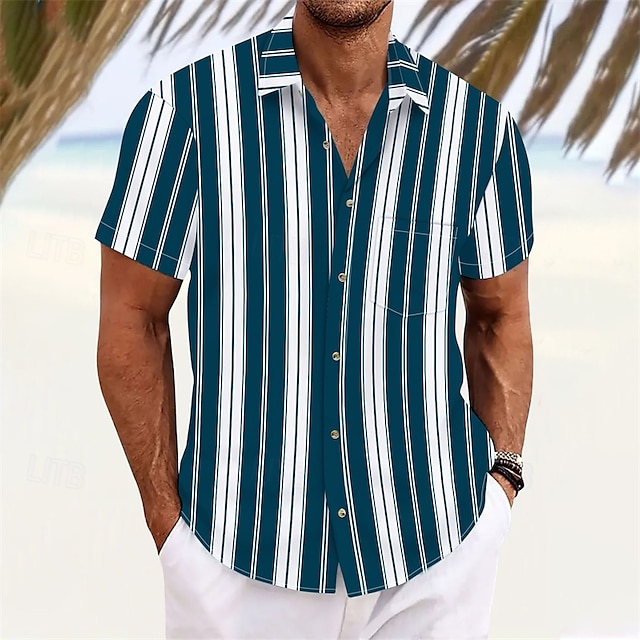  Herren Hemd Sommerhemd Freizeithemd Strandhemd Knopfhemd Blau weiß Kurzarm Streifen Revers Urlaub Hawaiianisch Bekleidung Polyester Mode Lässig Bequem Tasche