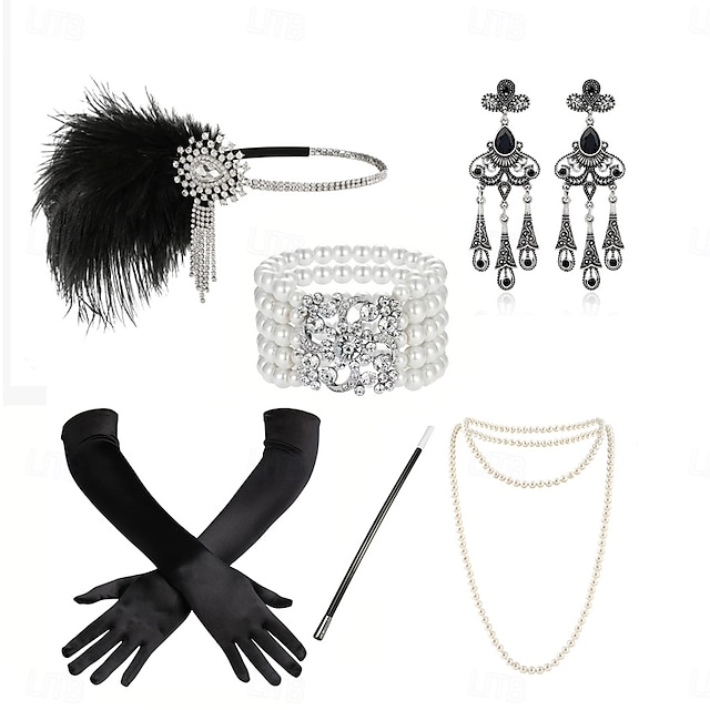  Der große Gatsby Flapper-Stirnband Perlenarmband Ohrringe Der große Gatsby Feder Retro Funkelnder Glitzer Damen Karneval Valentinstag Maskerade Party-Abendmode Maskerade Festival Erwachsene 1 Armband