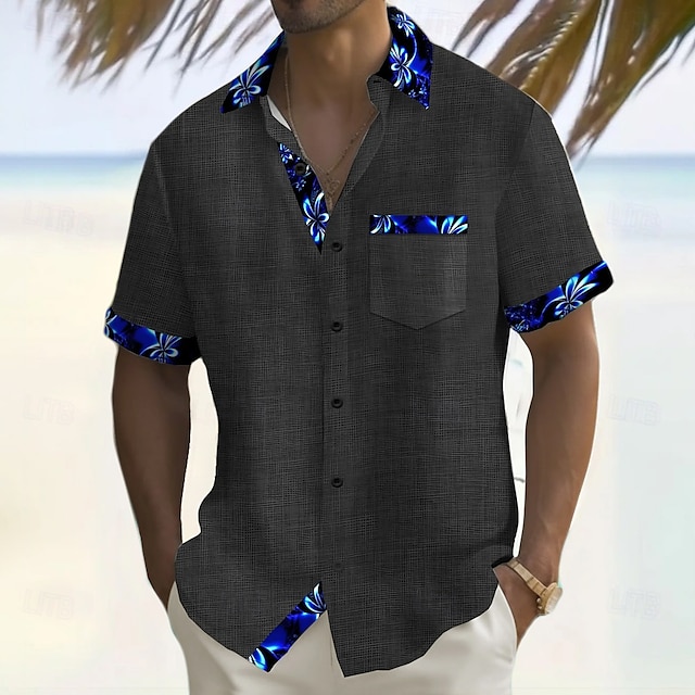  Miesten Trooppiset kukat Neon Paita Havaiji paita Button Up paita Lyhythihainen Havaijilainen Loma Pyhäpäivä Ranta-asut Kesä Sänkyjen avaus 3D-tulostus Edessä yksi tasku Pellava kuin paita Musta