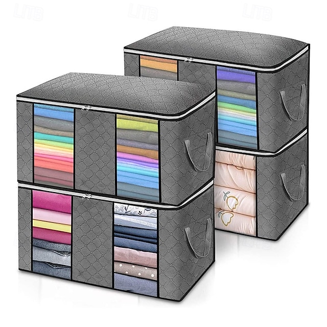  4 Pack Foldable Storage Bags Under-bed Storage, Bedding Storage Bags with Clear Window and Reinforced Handles, Reusable Bag Organizer with Smooth Zipper, for Clothes Blankets Comforters