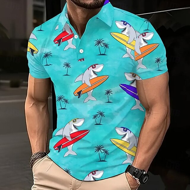 Men's Dolphin Palm Tree Polo Short Sleeve Polo Shirts Collared Shirts Resort School Outdoor Daily Wear 3D Print Summer Blue4