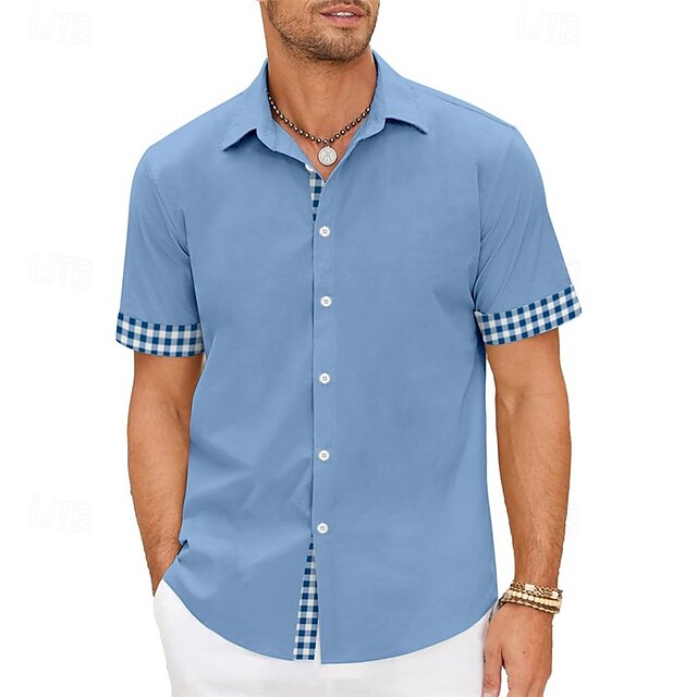 Men's Shirt Summer Shirt Casual Shirt Beach Shirt Button Up Shirt Blue Short Sleeve Plain Lapel Vacation Hawaiian Clothing Apparel Polyester Fashion Casual Comfortable2