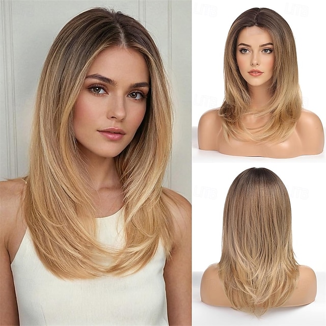  perucas loiras retas em camadas com raízes escuras para mulheres peruca resistente ao calor com franja para uso diário