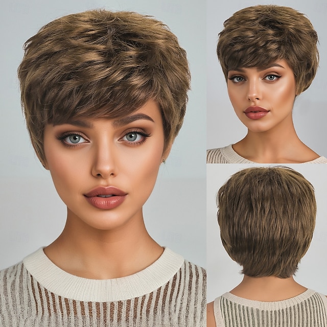  Pelucas sintéticas Ondulado Ondulado Pequeño Corte asimétrico Partida profunda Hecho a Máquina Peluca 10 pulgadas A1 Pelo sintético Mujer Fresco Clásico Cómodo Múltiples colores