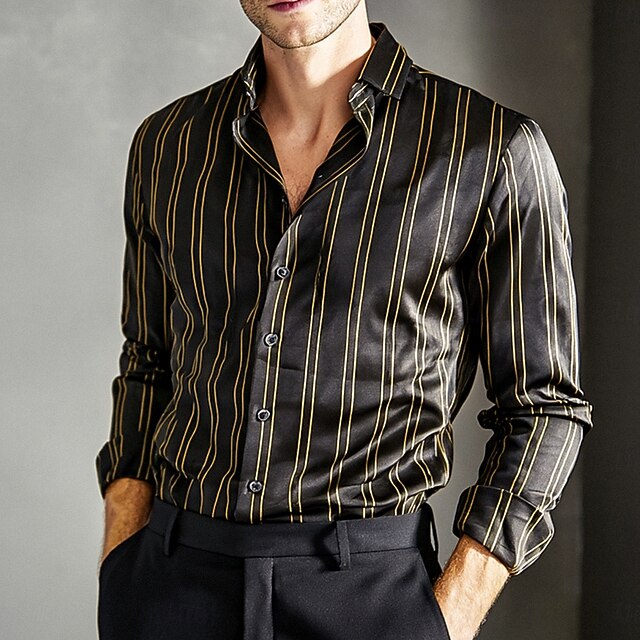 Men's Shirt Satin Shirt Striped Shirt Casual Shirt Button Up Shirt Vertical Stripes Wedding Vacation Black Long Sleeve Collar Spring &  Fall All Seasons Clothing Apparel4